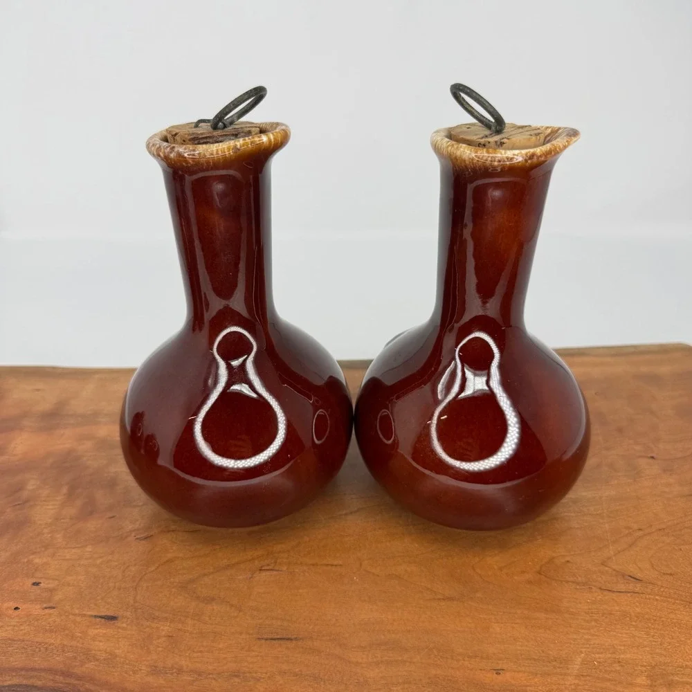 Vintage Hull Pottery Salt Pepper Oil Vinegar Set 4pc Mirror Brown Drip Glaze